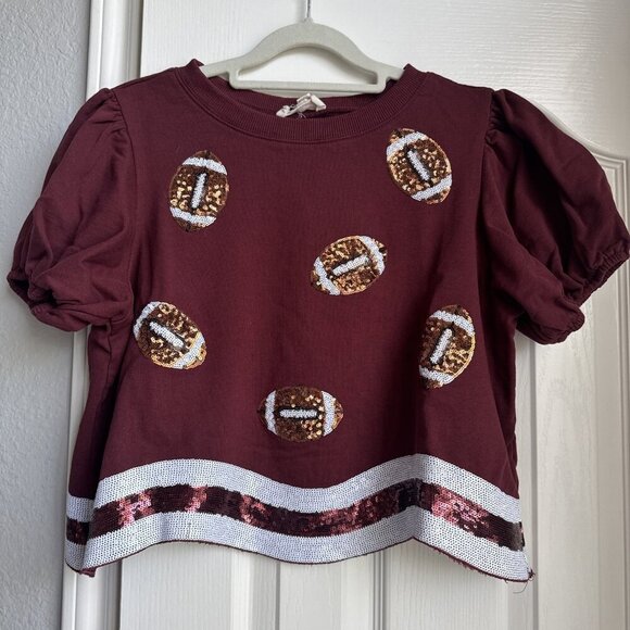 Peach love california Tops - PEACH LOVE CALIFORNIA Maroon Sequin Football Top Size Small Crop Shirt